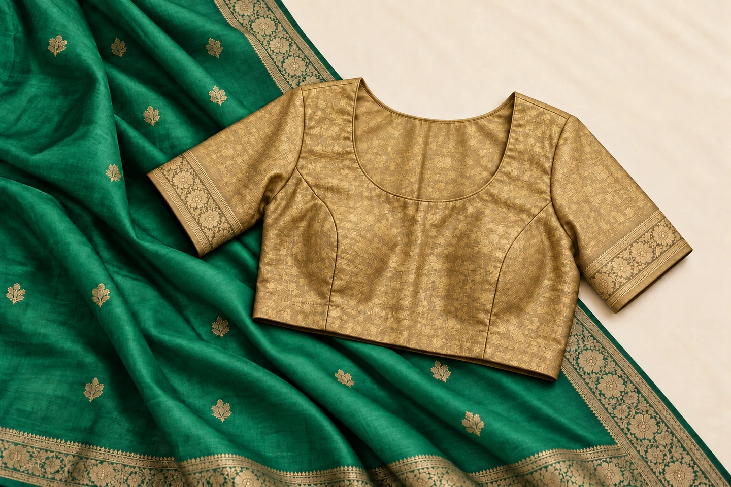 Emerald green saree with an antique gold blouse, illustrative fabric photograph