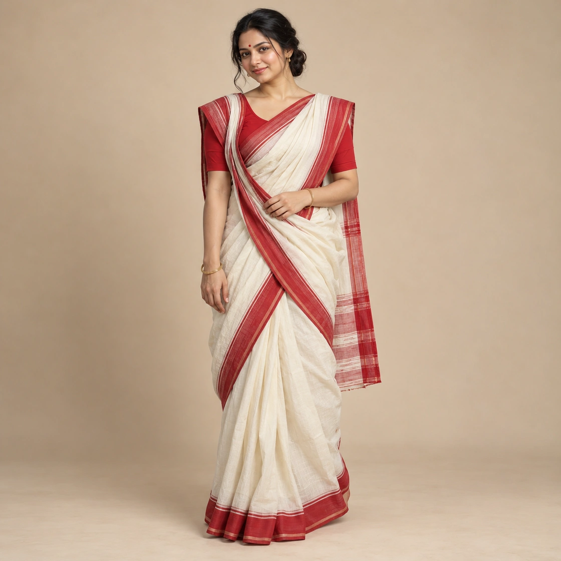 Editorial illustration of the Bengali Atpoure drape showing its characteristic arrangement