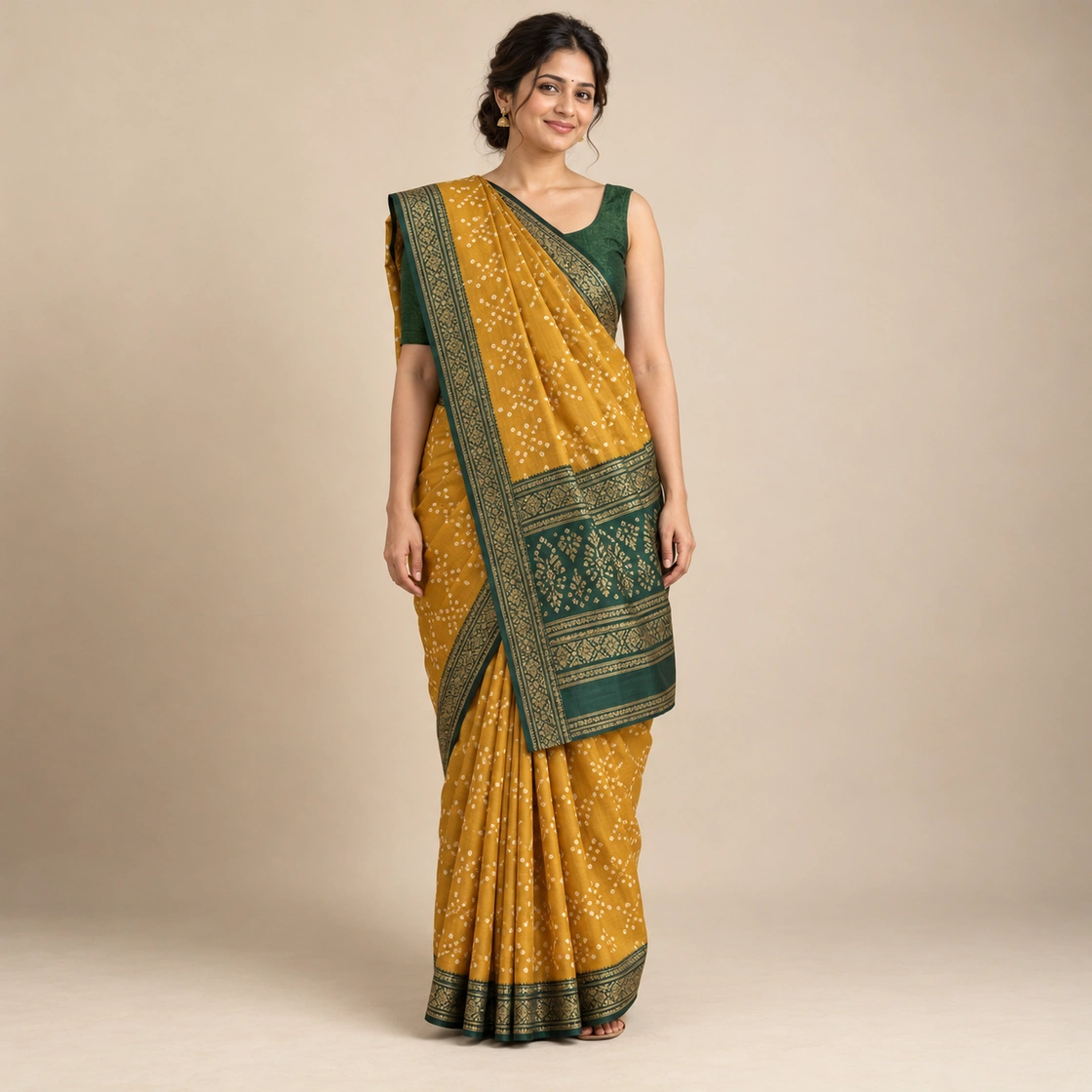 Editorial illustration of the Gujarati Seedha Pallu drape showing its characteristic arrangement