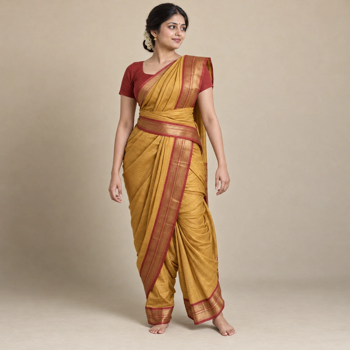 Editorial illustration of the Madisaru (Iyengar variant) drape showing its characteristic arrangement
