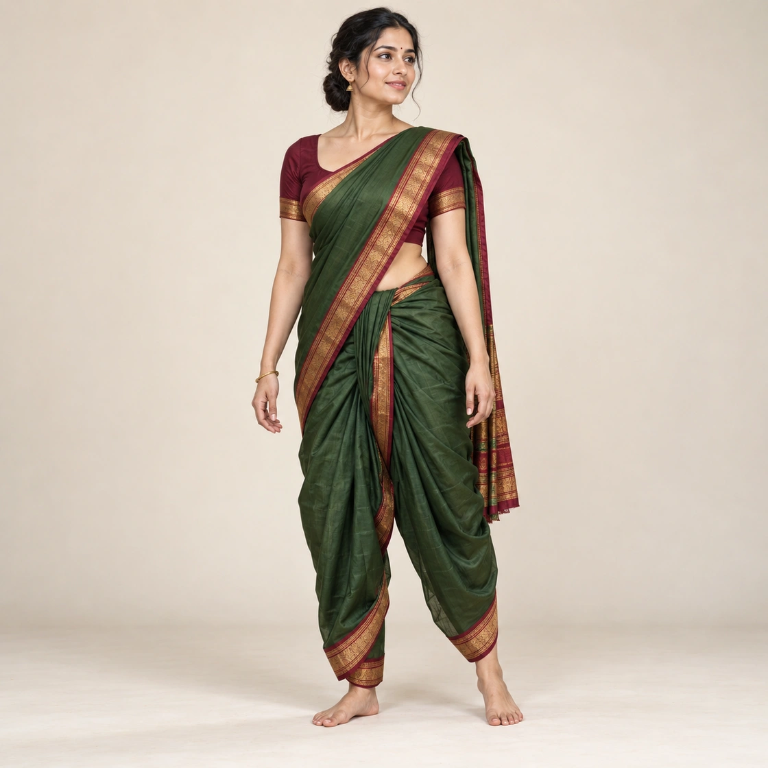 Editorial illustration of the Maharashtrian Nauvari (kashta-style) drape showing its characteristic arrangement