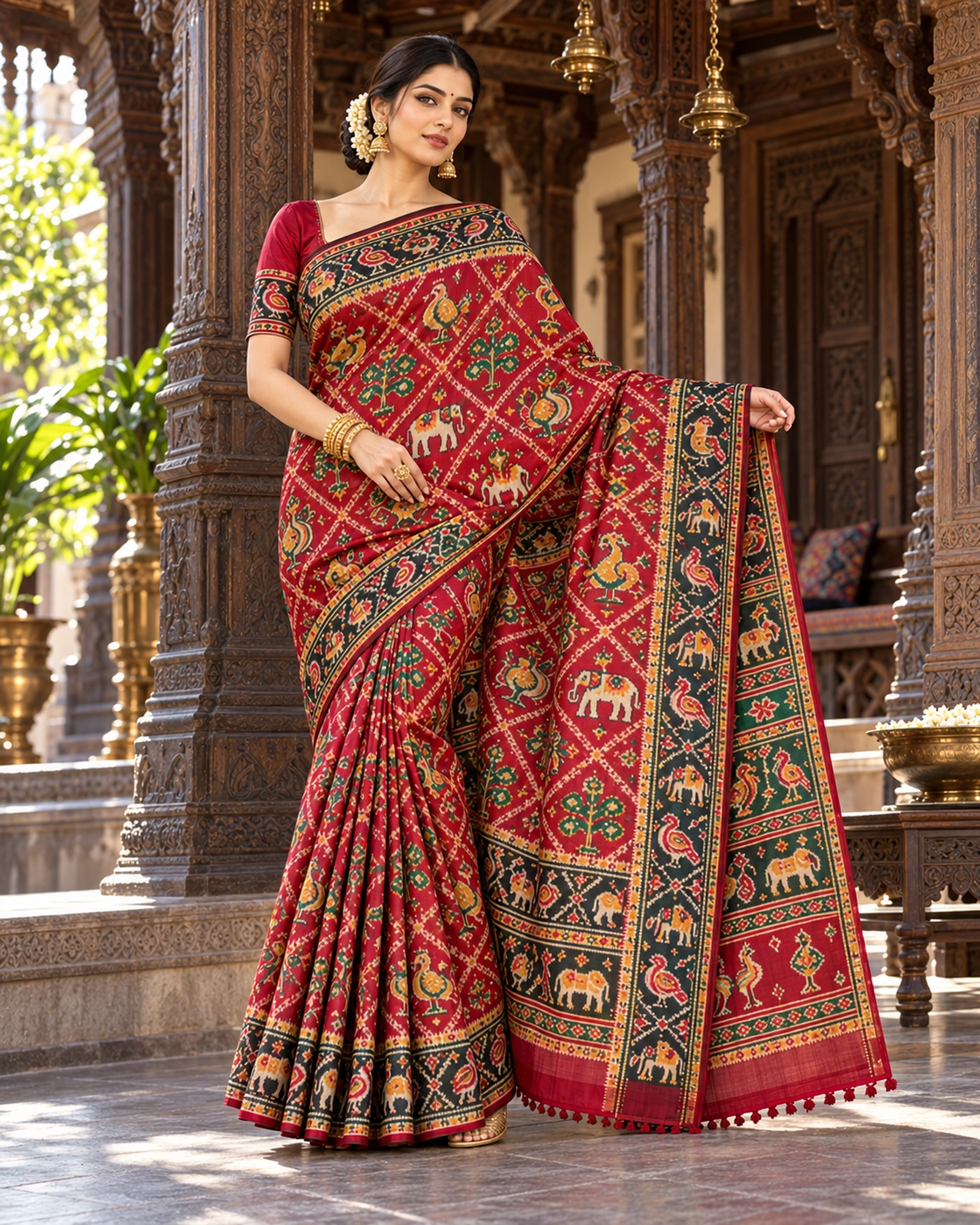 A model standing in a carved courtyard in a red double-ikat-style saree with elephant and parrot motifs