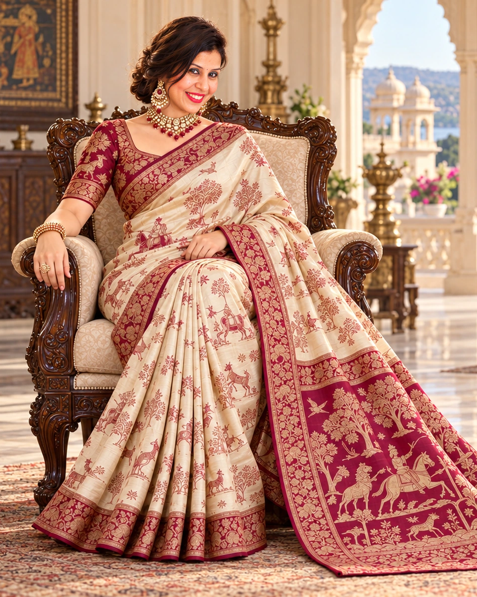 A model seated in a carved armchair wearing an ivory and wine Shikargah-style saree with a hunting-scene pallu