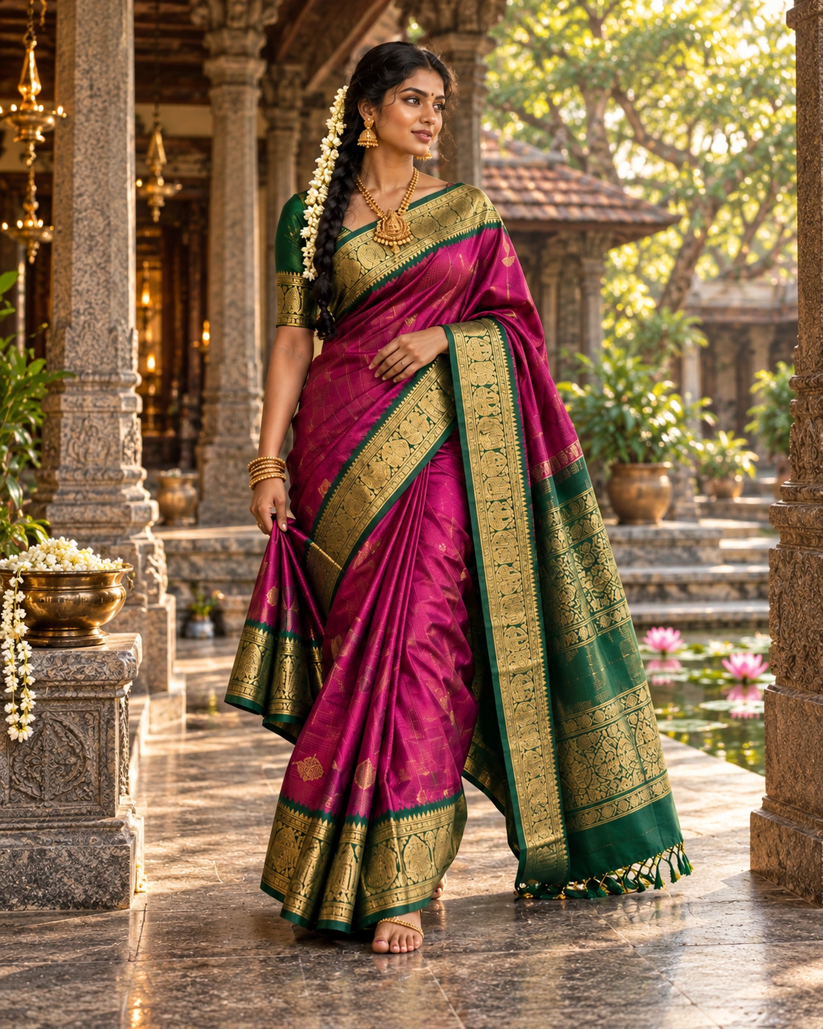 A model in a magenta saree with a contrasting emerald and gold border, standing in a temple courtyard