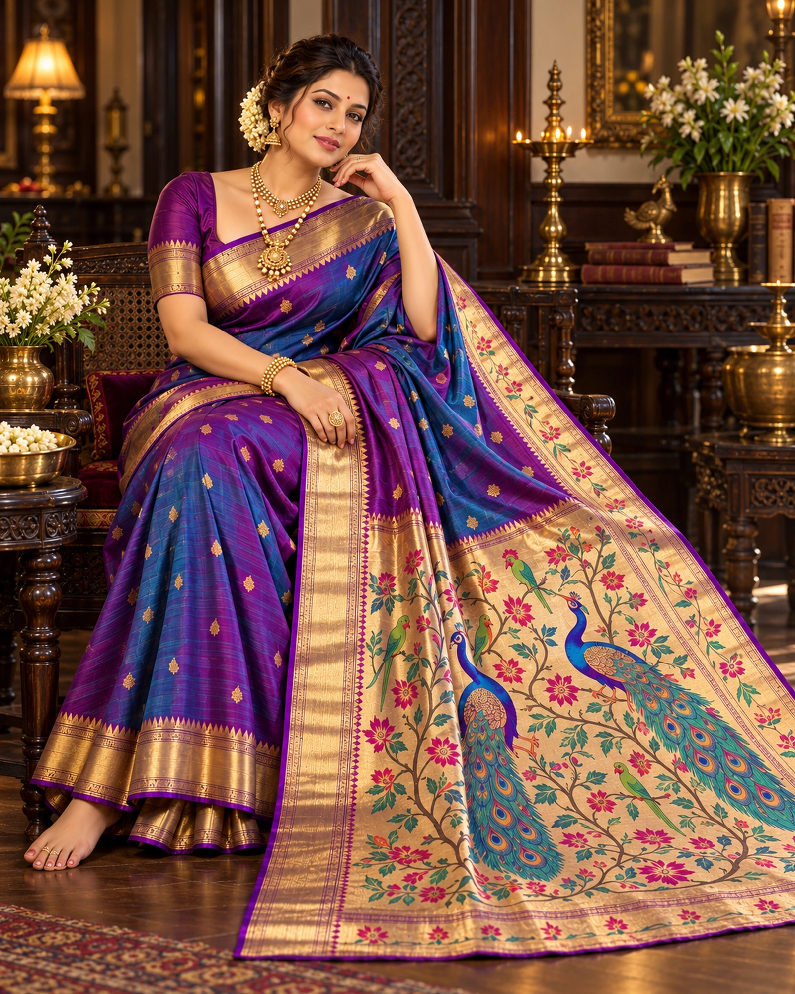 A model seated in a purple Paithani-style saree, its gold pallu woven with peacocks and flowering vines
