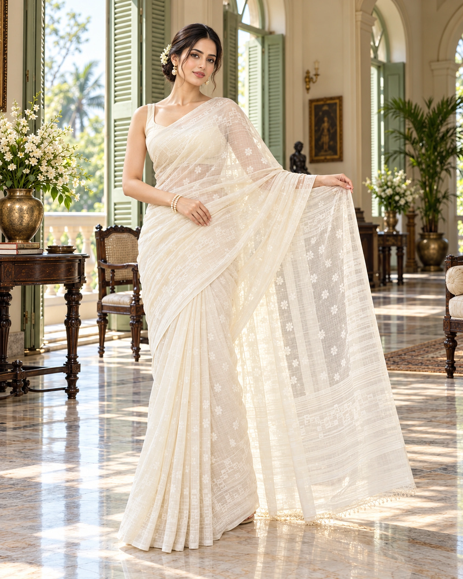A model in a fine ivory Jamdani-style saree holding out its sheer pallu with woven floral motifs