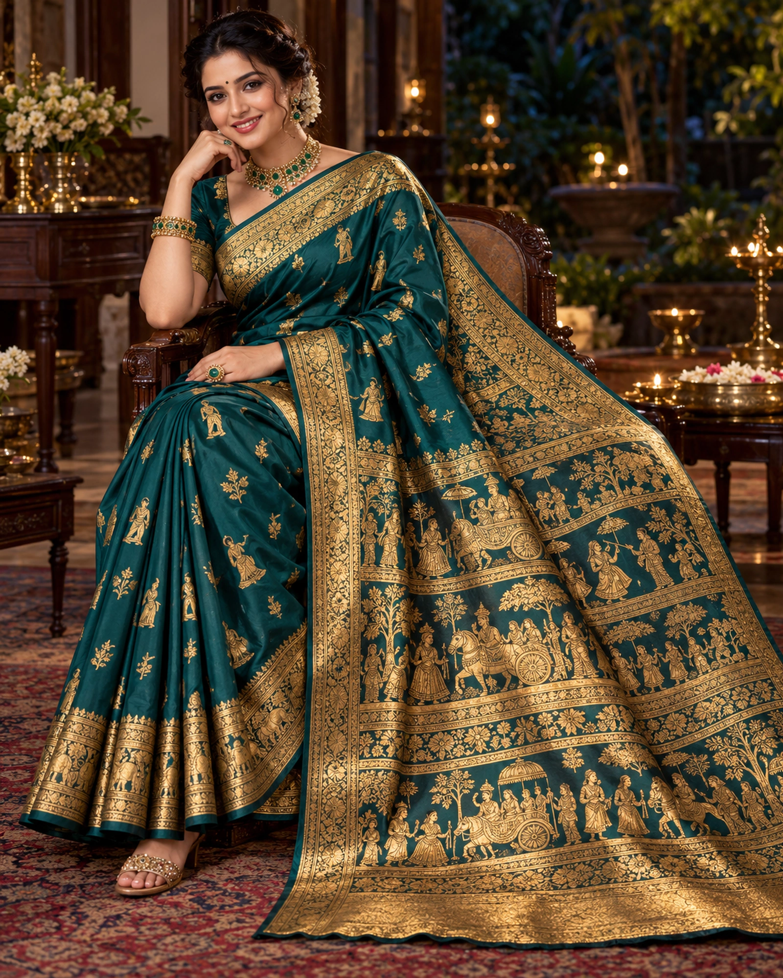 A model seated in a deep teal saree with a gold narrative pallu of figures in framed panels