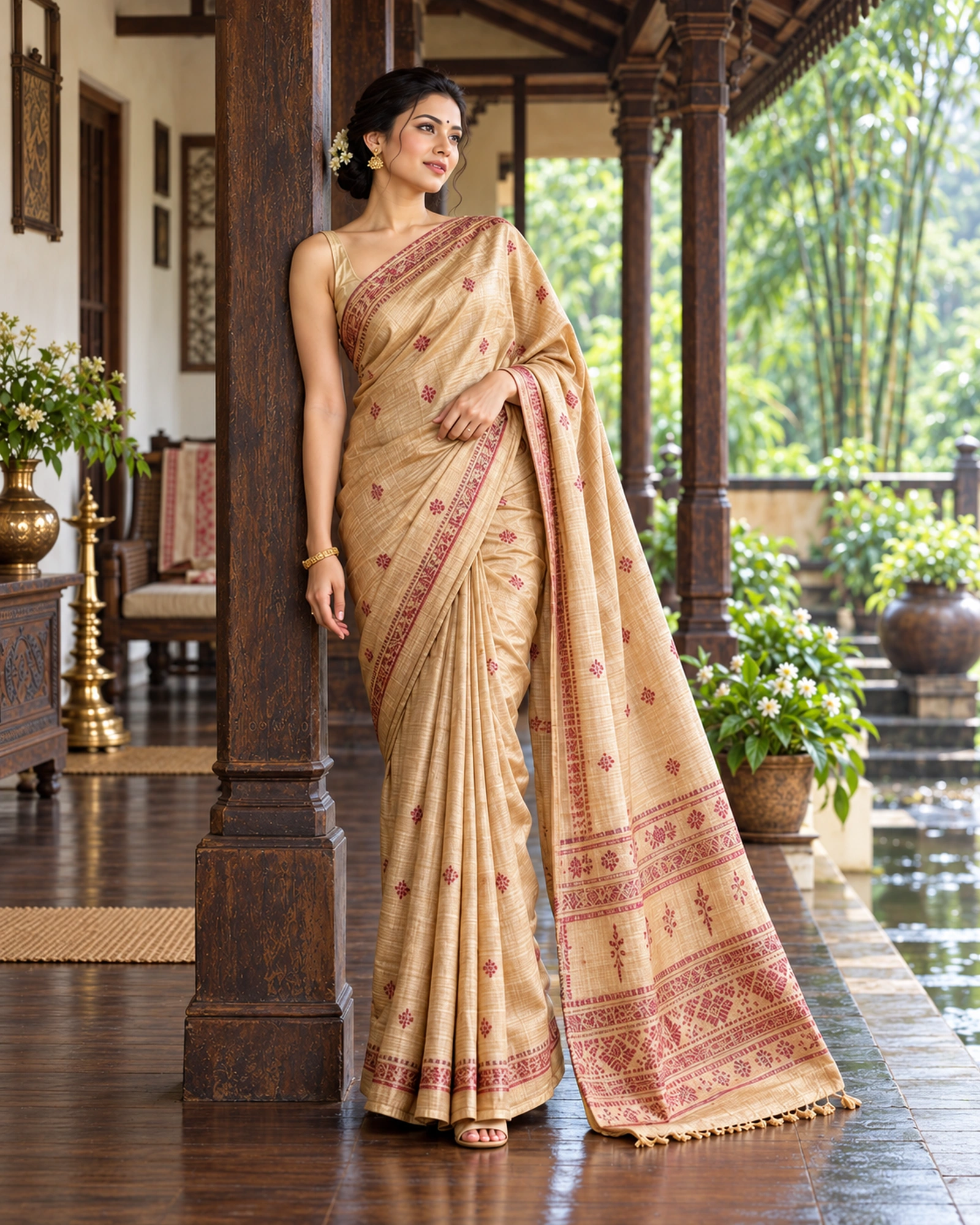 A model leaning against a wooden pillar in a golden Muga-style saree with red woven motifs