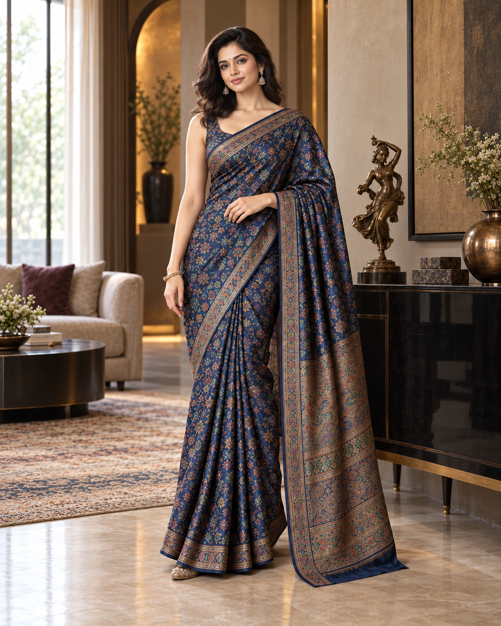 A model in a navy Tanchoi-style saree with dense, small all-over woven patterning