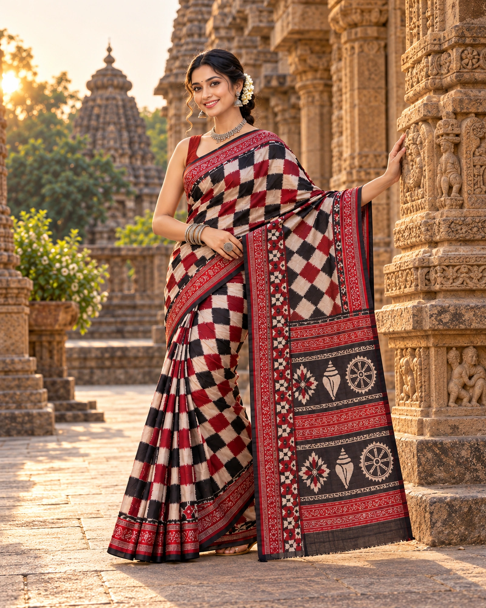 A model by a carved stone temple wall in a red, black and ivory checked double-ikat-style saree with a conch-and-wheel pallu