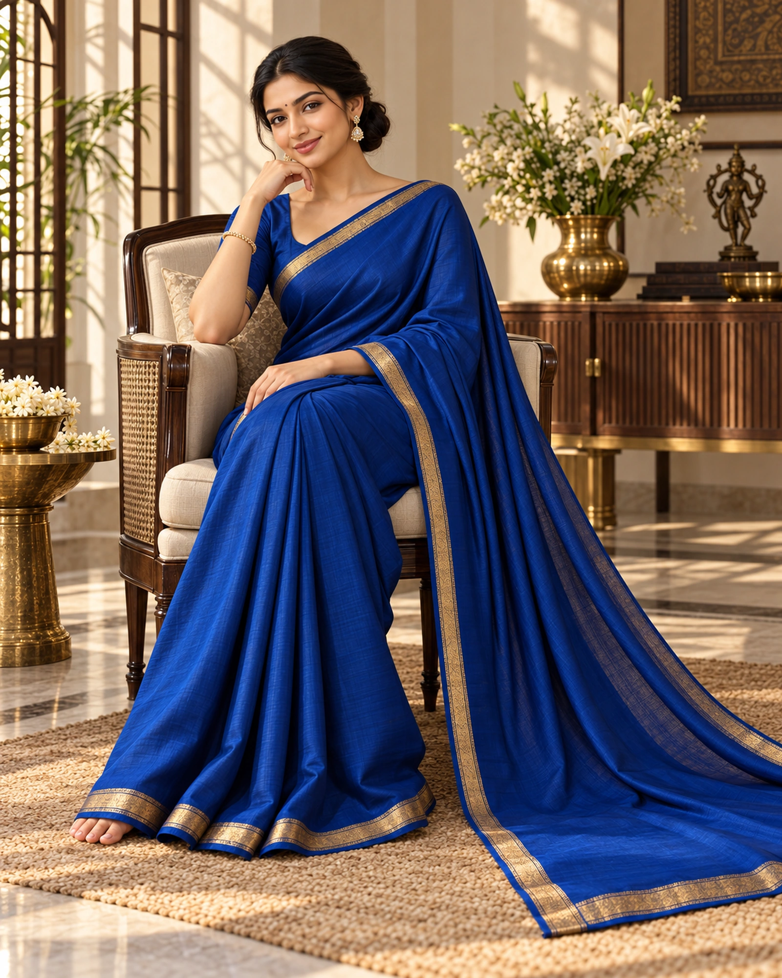 A model seated in a royal-blue crepe saree with a slim gold border