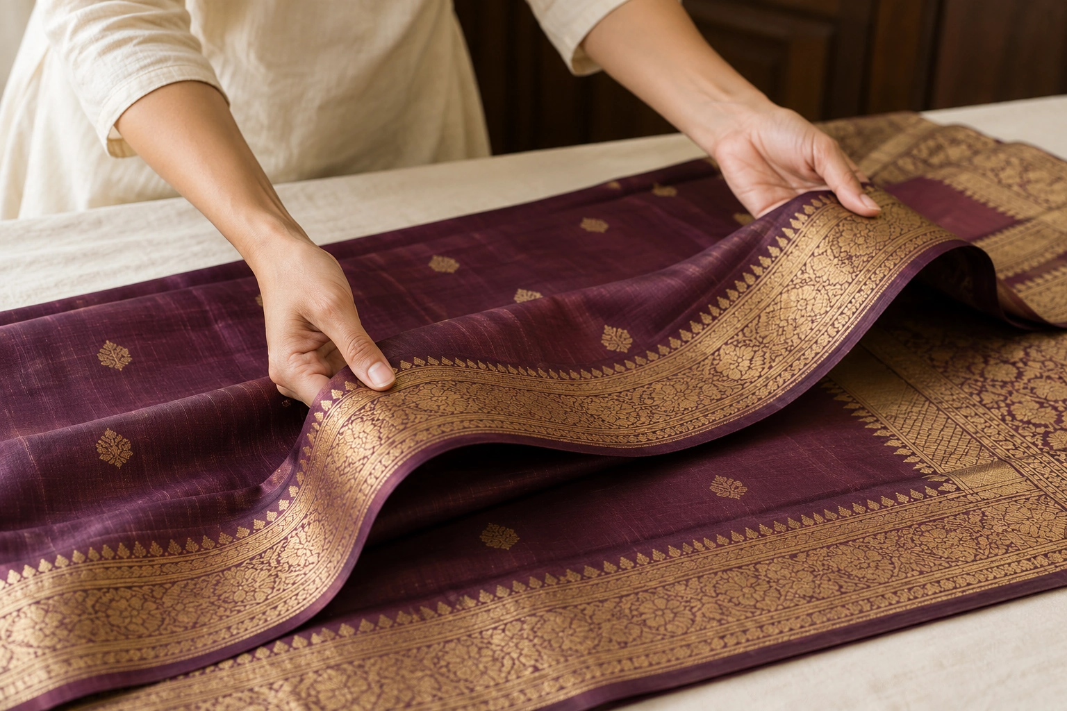 Hands supporting a broad, soft fold in a plum silk saree on a clean cloth-covered surface.