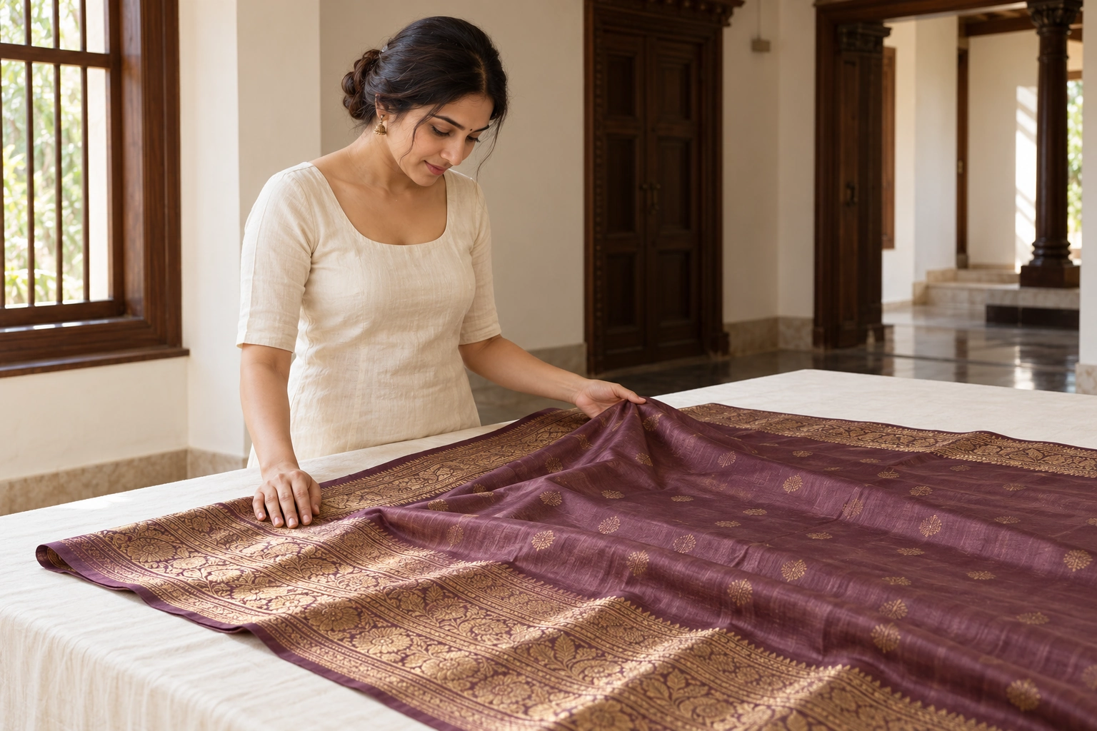 Woman gently inspecting a plum silk saree supported on an ivory-covered table in indirect daylight.