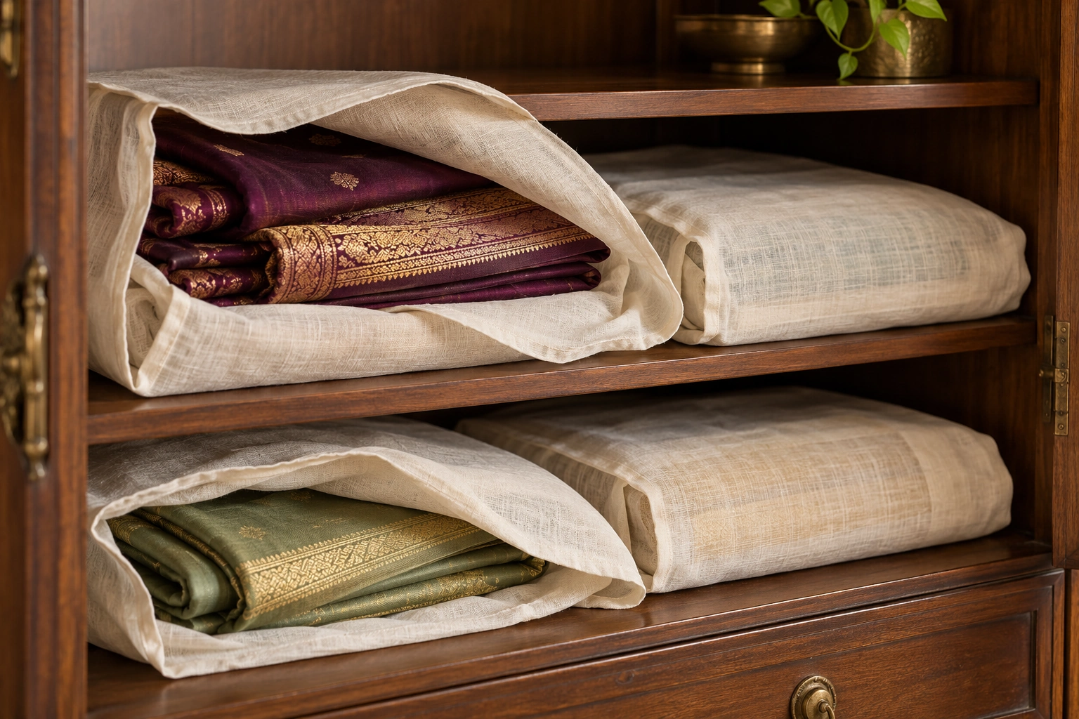 Loosely folded plum and sage sarees protected by ivory muslin wraps on clean wooden cupboard shelves.