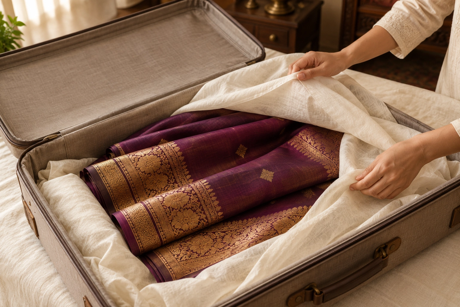Hands arranging protective ivory cloth over a loosely folded plum silk saree inside a clean suitcase.
