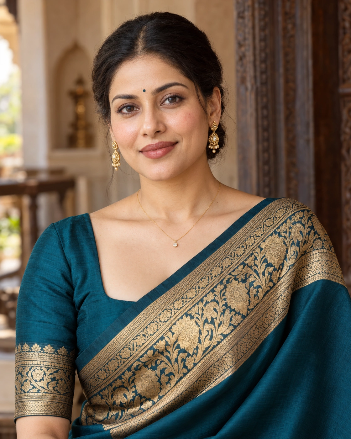 Woman in a teal silk saree with an elaborate gold zari border, gold drop earrings and a delicate pendant necklace.