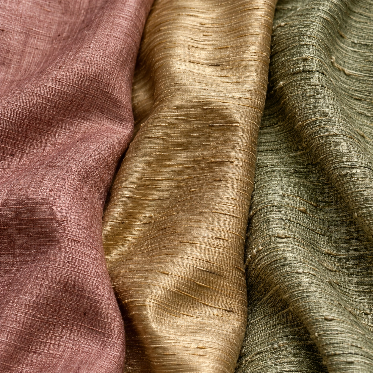 Three silk texture studies, left to right: dusty-rose Matka, antique-gold Dupion and sage Ghicha.
