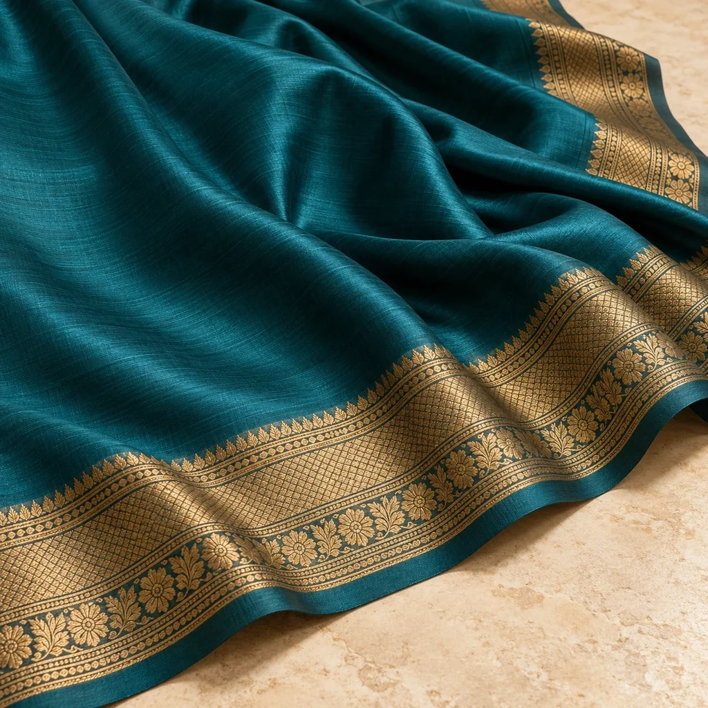 Teal silk meeting a broad, ornate gold-coloured woven border.