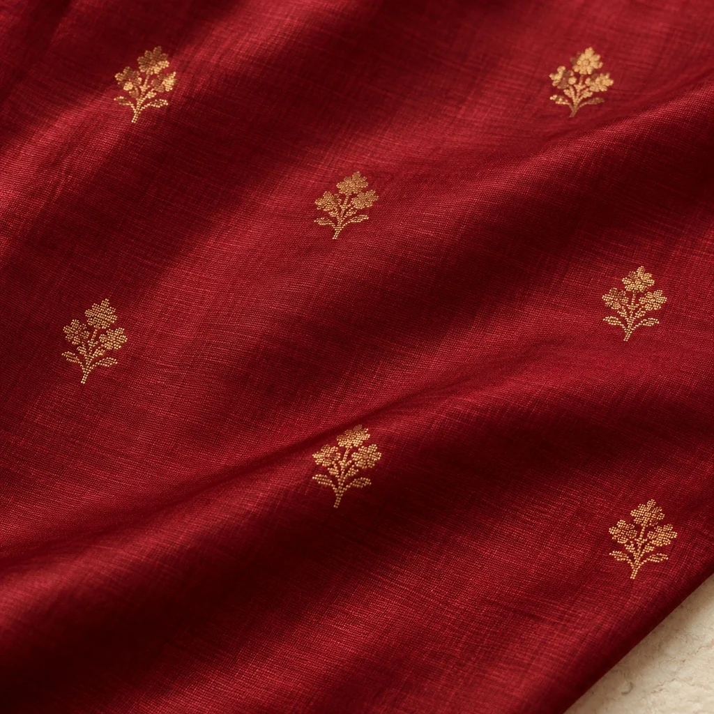 Small gold-coloured flower motifs scattered across a deep red silk ground.