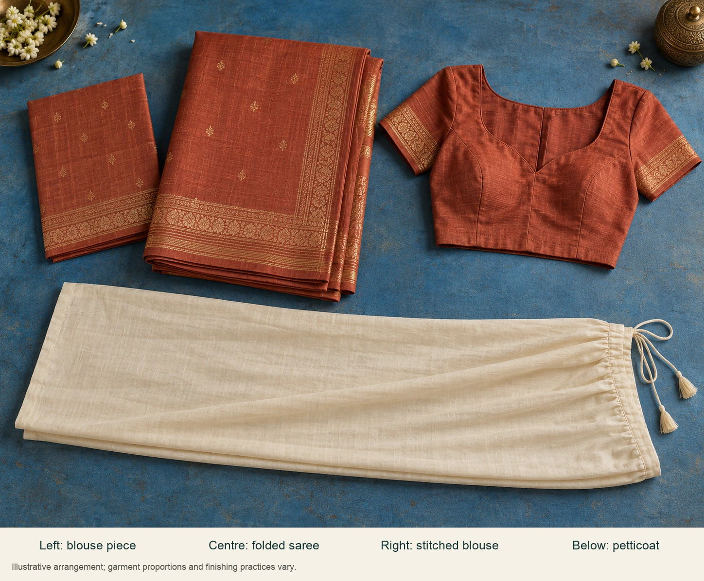Blouse fabric, a stitched blouse and a petticoat arranged beside a saree.