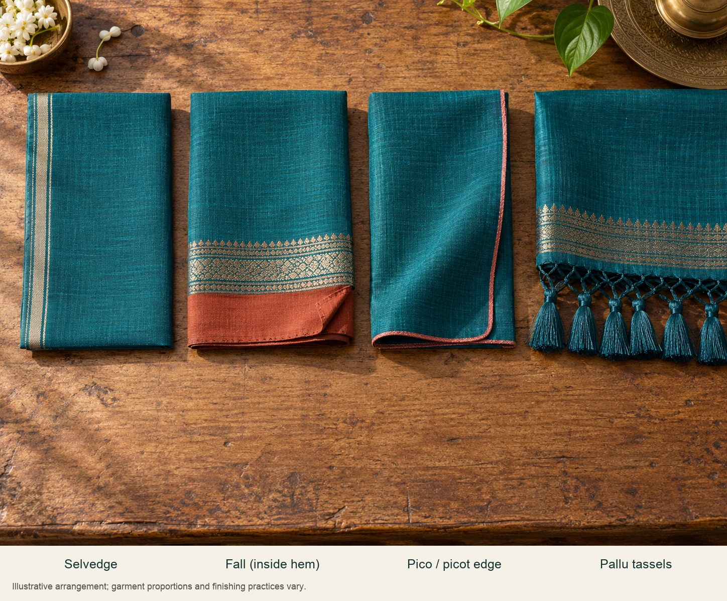 Four saree finishing samples show a woven selvedge, stitched fall, fine edge finish and tassels.