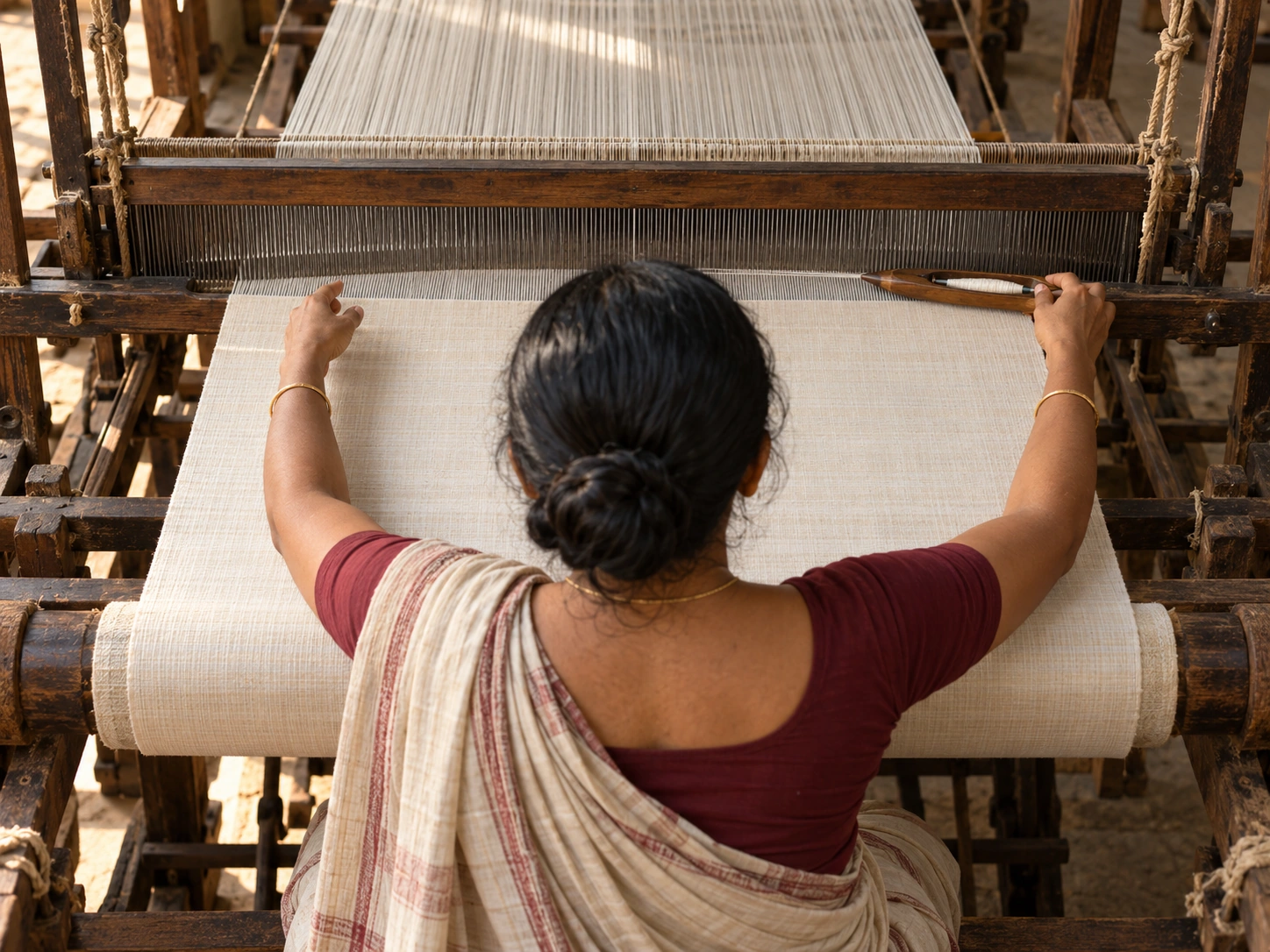 Viewed from behind, a seated weaver holds a compact shuttle at the cloth’s weaving edge.