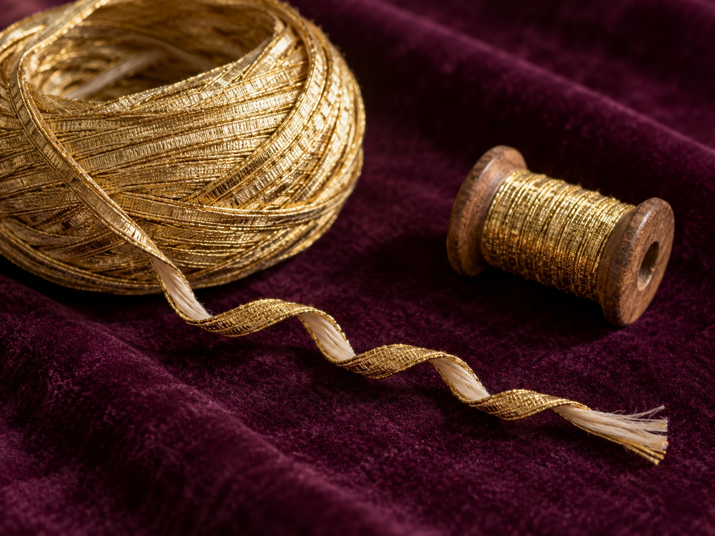 Metallic-looking ribbon spirals around a textile core beside a small yarn spool.