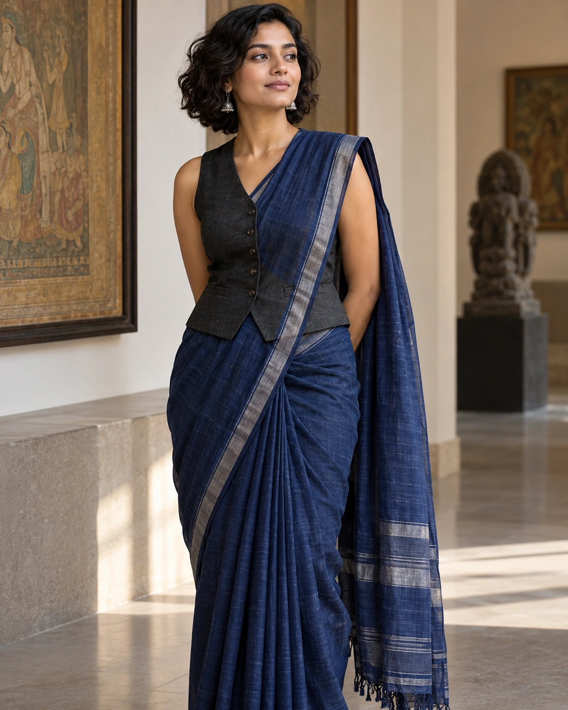 An adult Indian woman wears an indigo saree with a fitted sleeveless waistcoat.