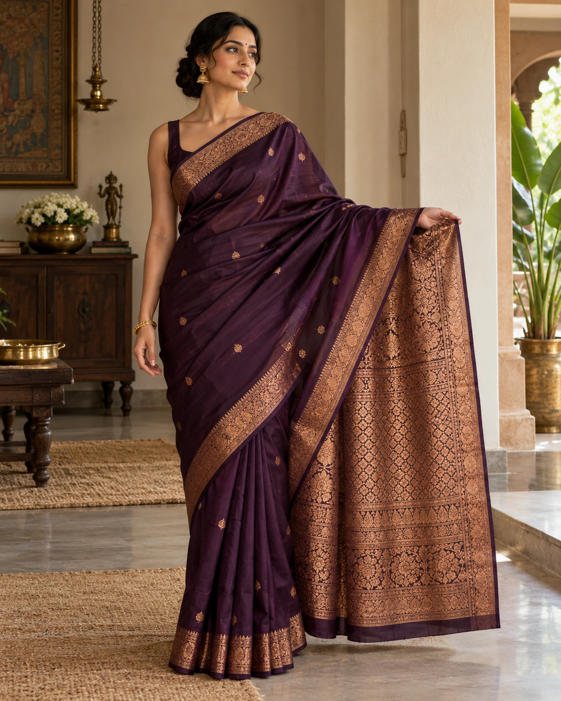 An adult Indian woman opens a patterned pallu to show its full width.