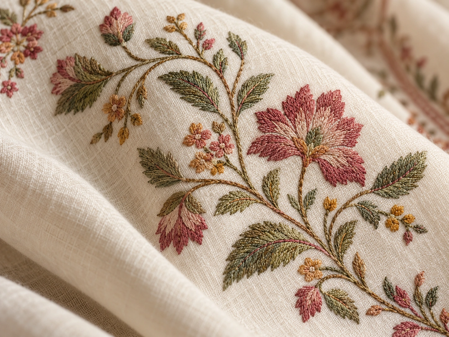 Fine coloured needle embroidery forms small botanical motifs on an ivory ground.