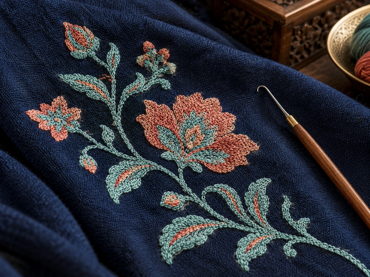Linked chain stitches trace a floral spray on dark blue cloth.