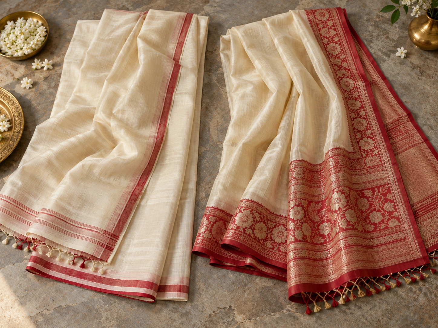 Two pale silk sarees show narrow and fuller red borders.