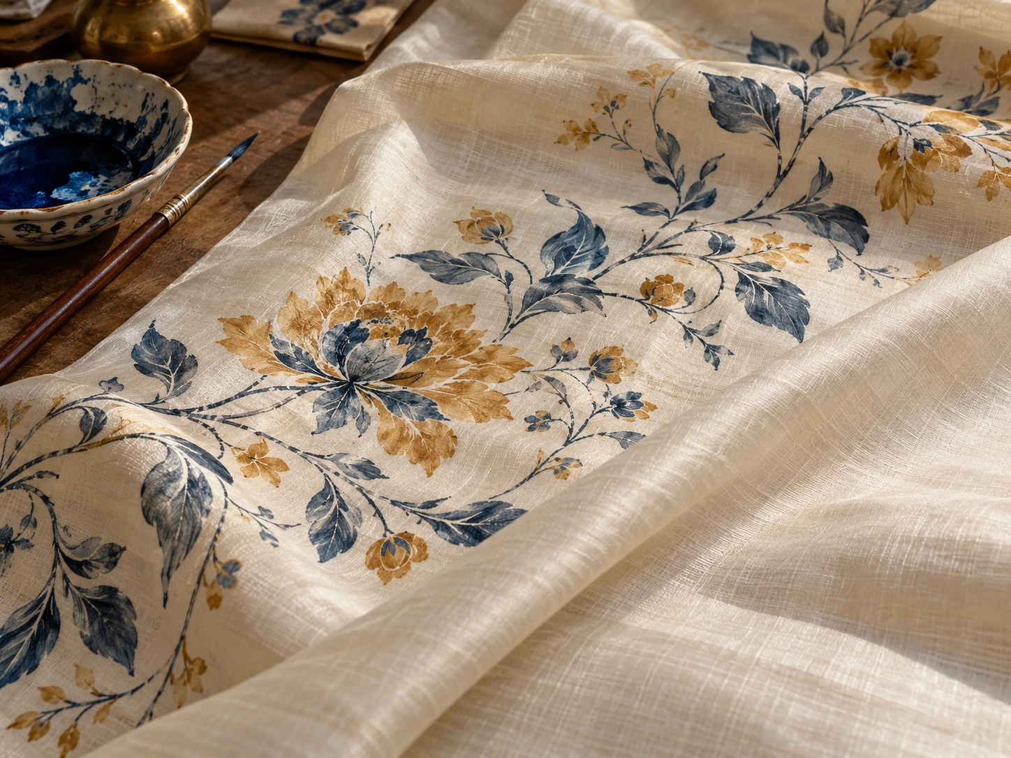 A painted botanical design lies on a softly folded pale silk ground.