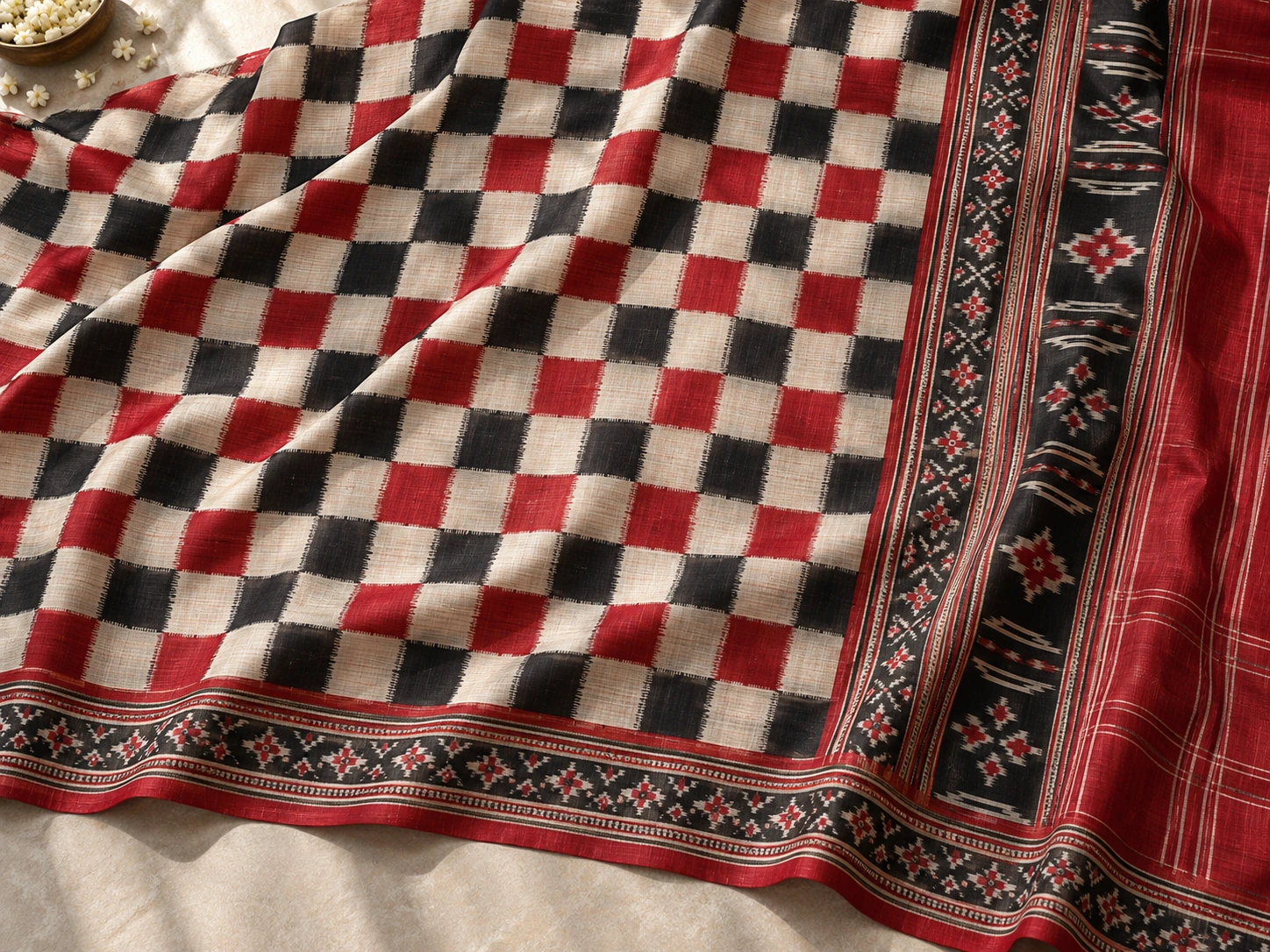 Black, red and ivory squares form a board-like ikat-inspired repeat.