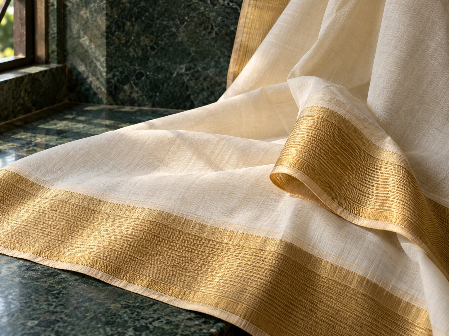 A fine ivory cotton ground bends beside a broad gold-coloured woven border.