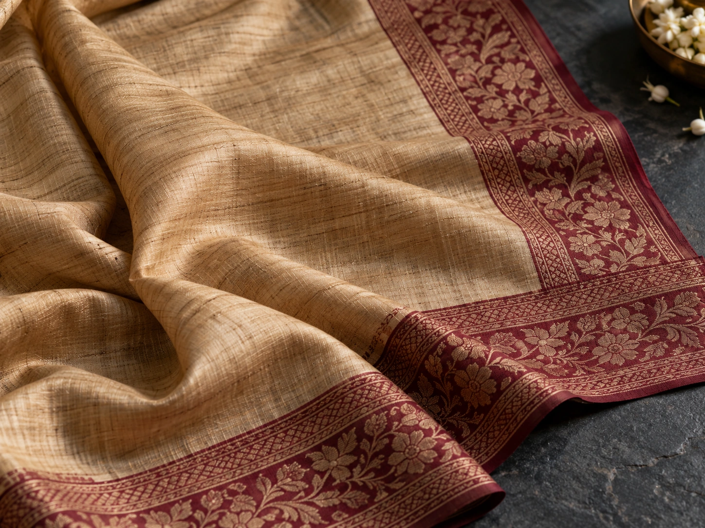Warm undyed tussar-like silk meets a restrained lattice-patterned border.
