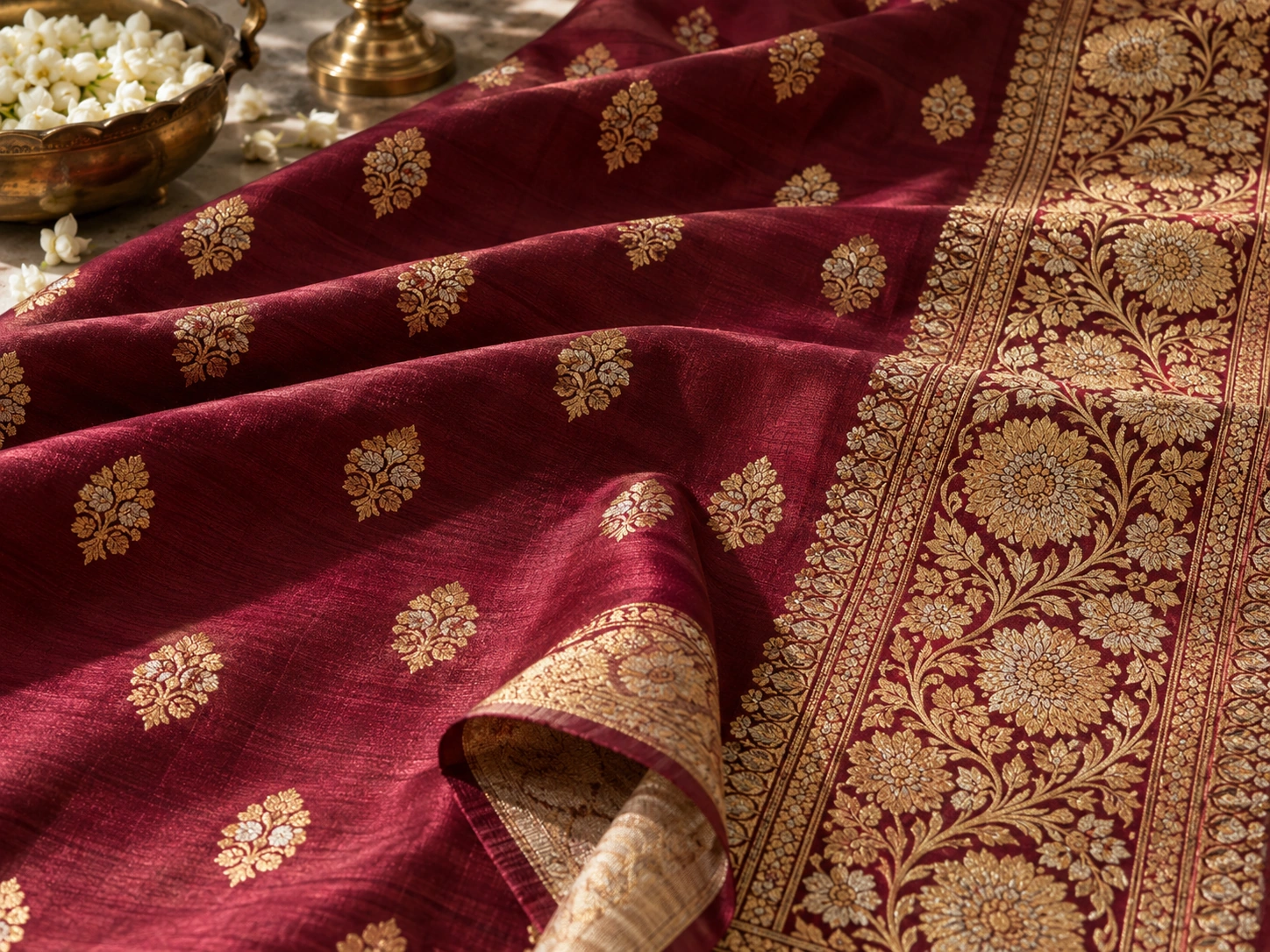 Gold-coloured floral motifs on a burgundy body meet a denser scrolling border.