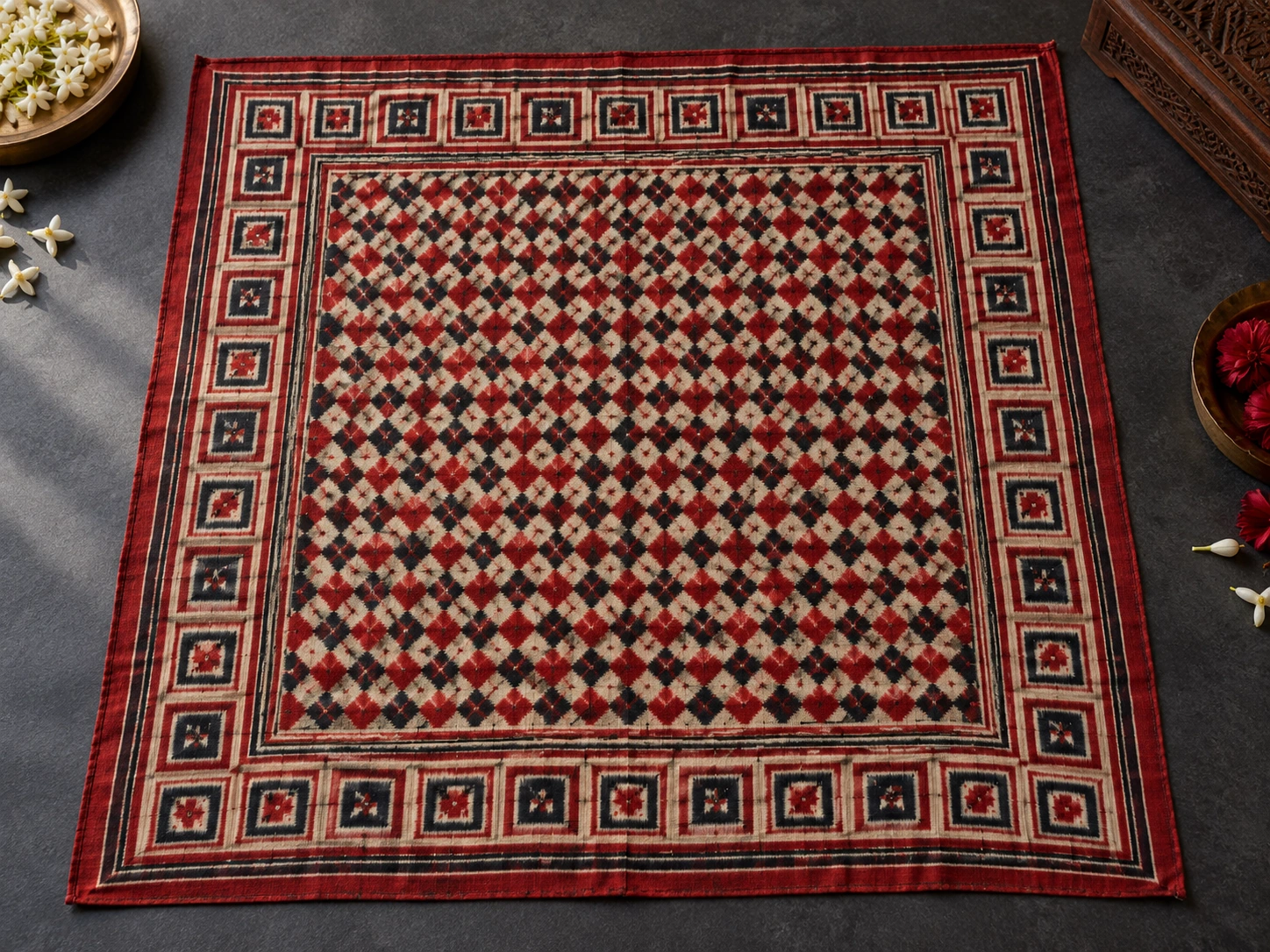 A square cotton textile carries a red, black and pale geometric layout.