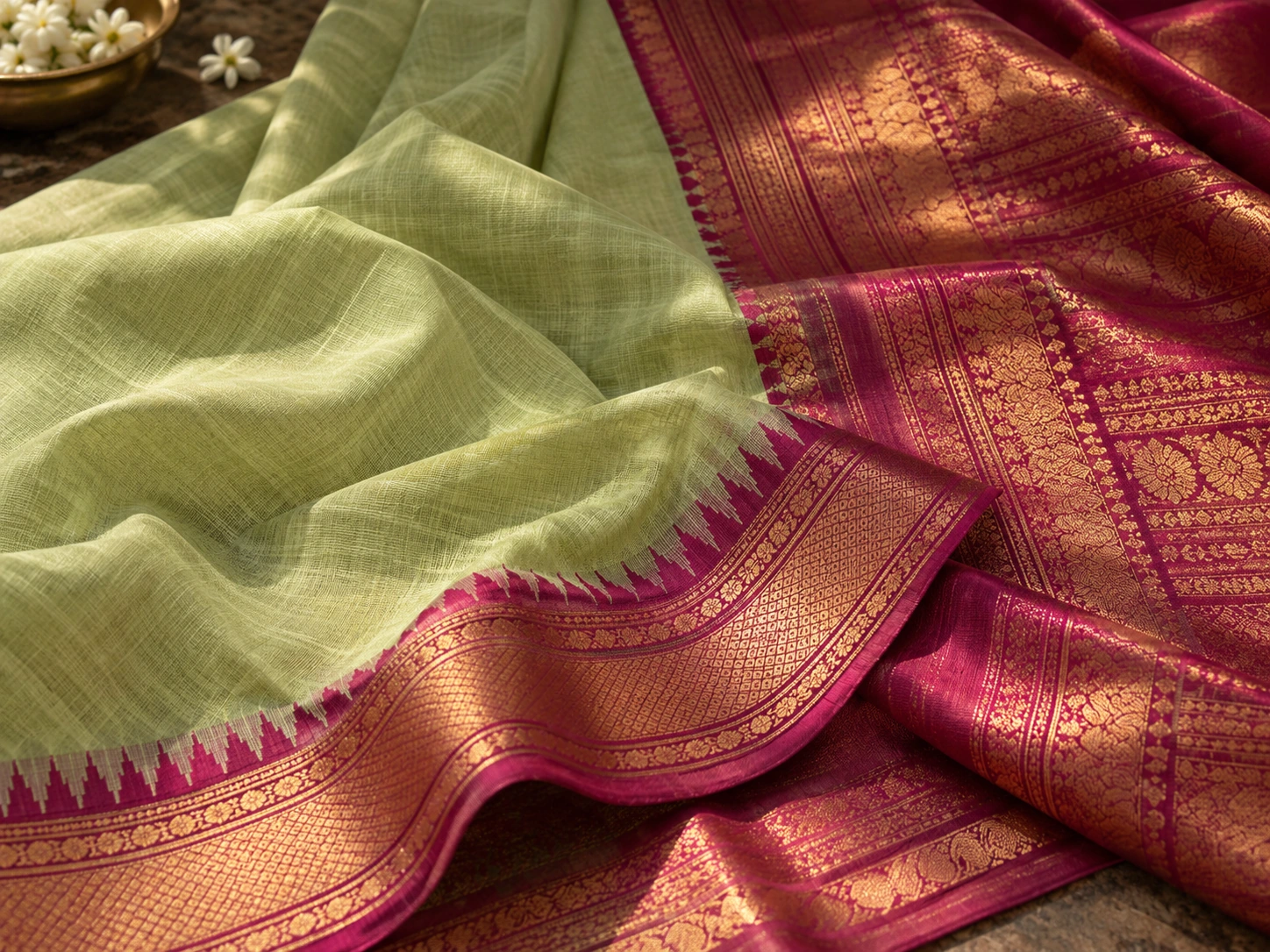 A matte cotton body meets a lustrous silk border and a decorated pallu.