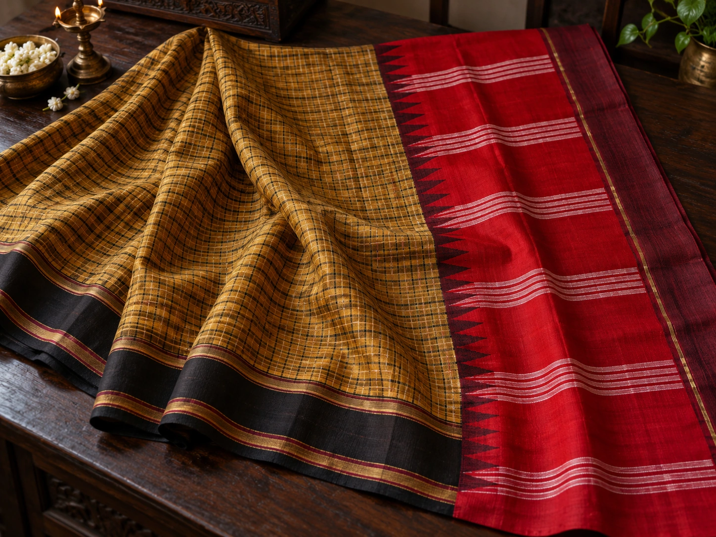 A checked body transitions to a red-and-white striped pallu beside a dark border.