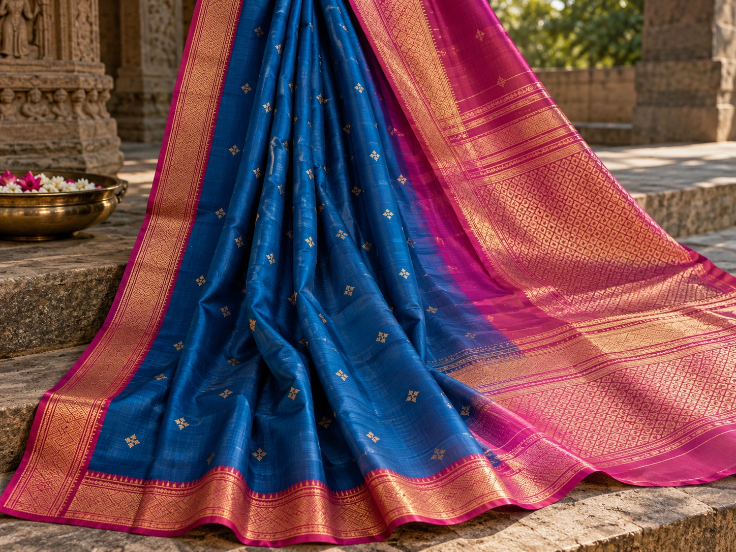 A jewel-blue silk field changes to a magenta pallu with restrained ornament.