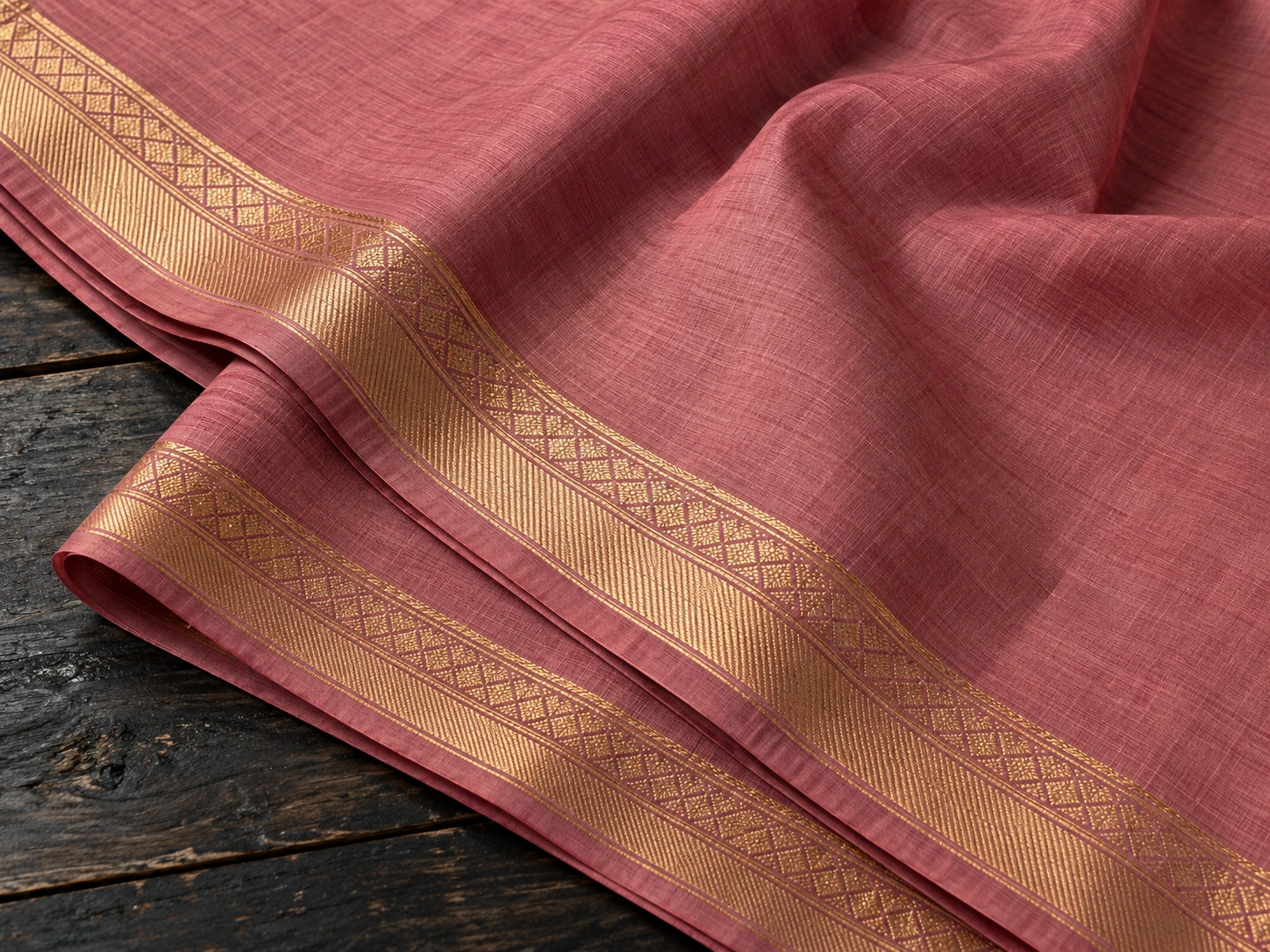 A narrow geometric woven border edges an even plain cotton field.