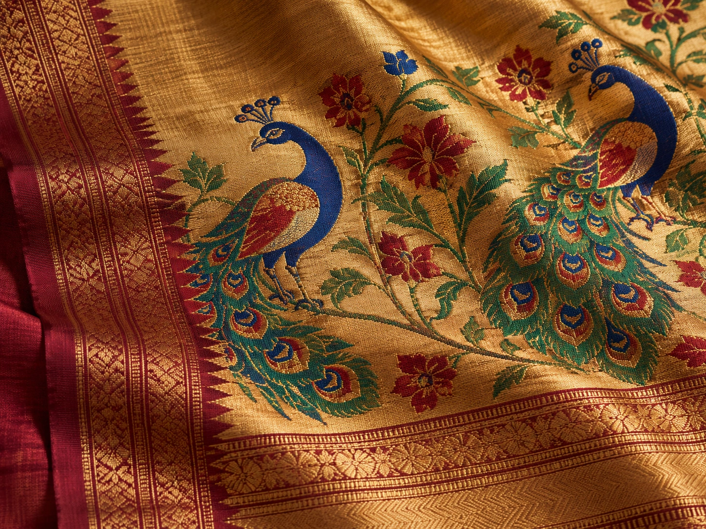 Coloured peacock forms sit within a gold-coloured ornamental pallu.