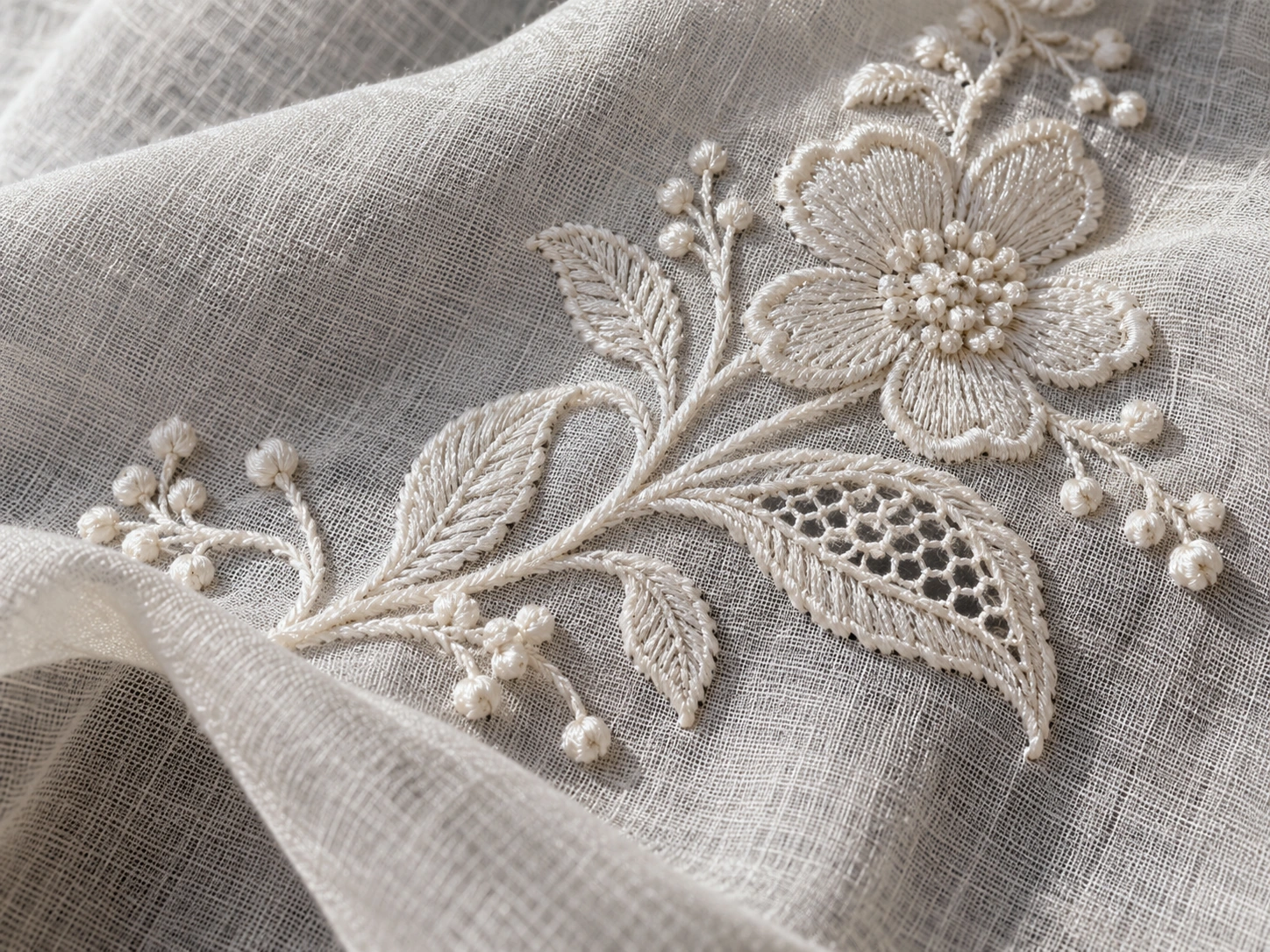 White embroidery combines flat outlines, raised knots and openwork-like areas.