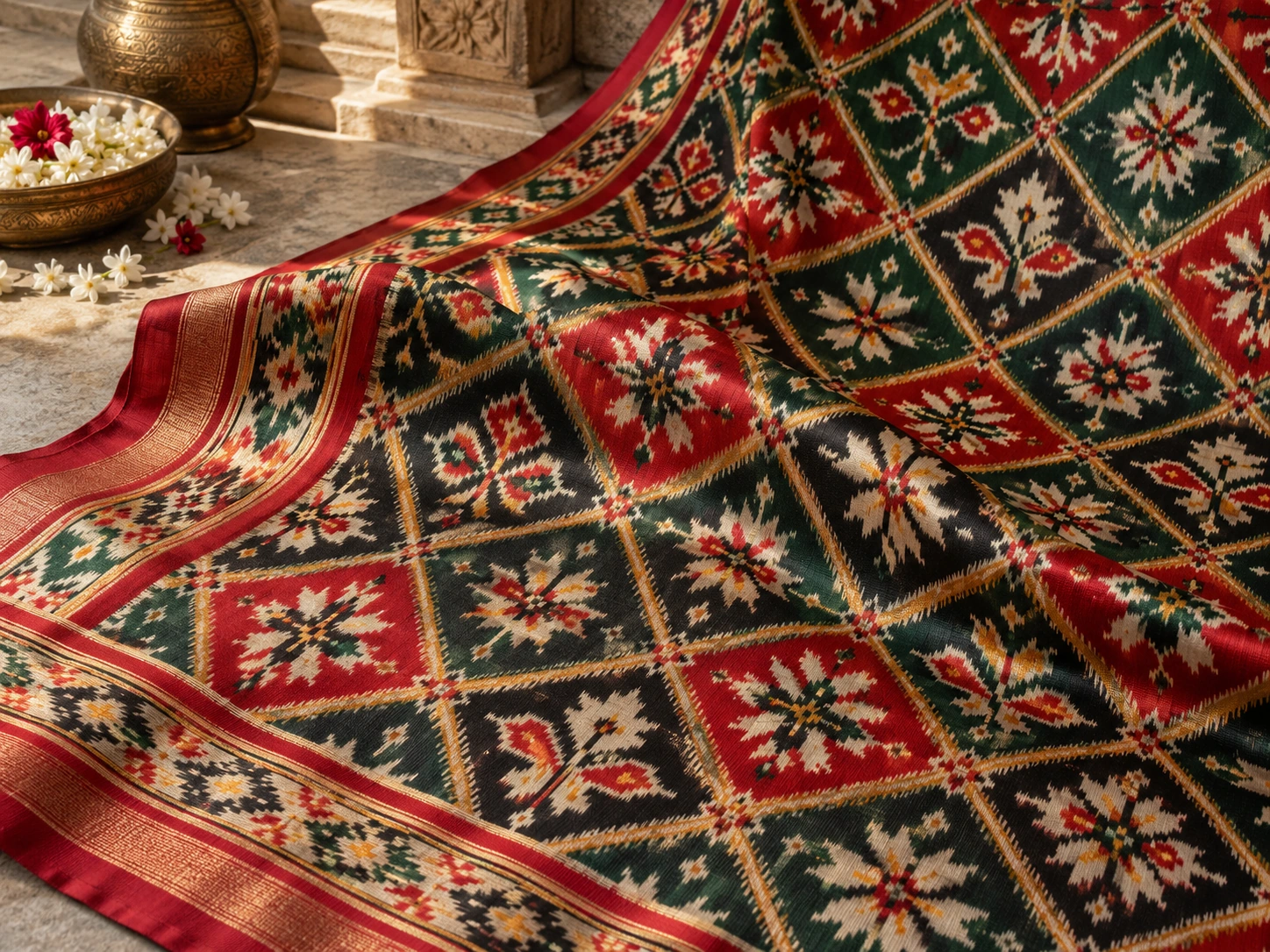 Fine feathered edges soften a repeated red, green and ivory geometric pattern.