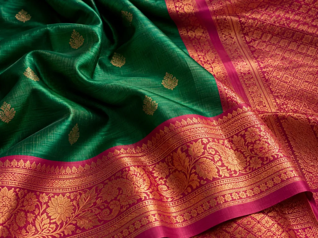 Green silk body, a pink-and-gold border and a decorated end section arranged in folds.