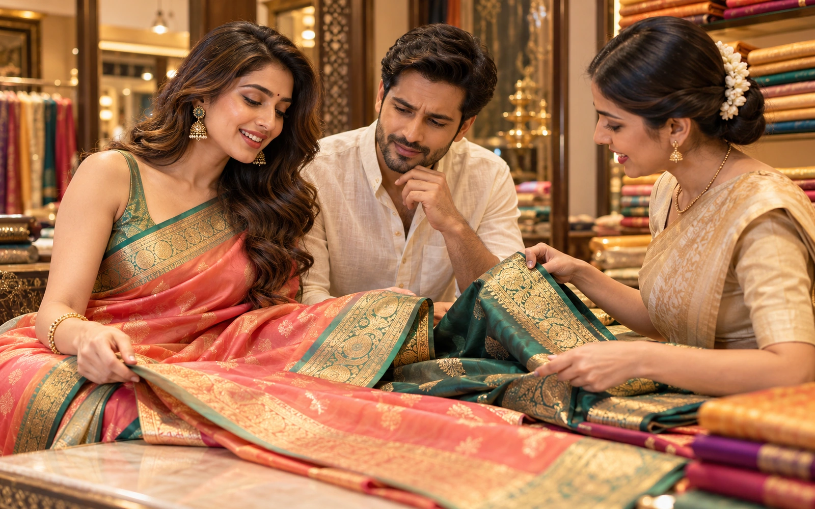 A thoughtful man at a saree counter as two women unfold silk pallus in front of him