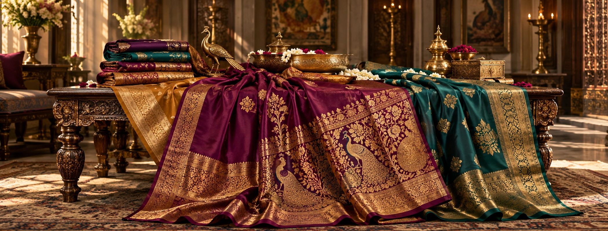 Treasured silk sarees with woven gold pallus laid across a carved table, like heirlooms brought out for an occasion
