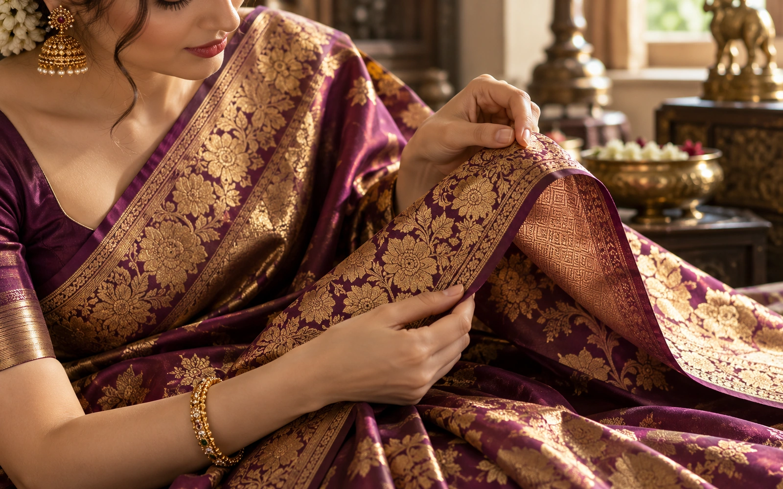 Hands lifting the gold-woven border of a plum silk saree for a closer look