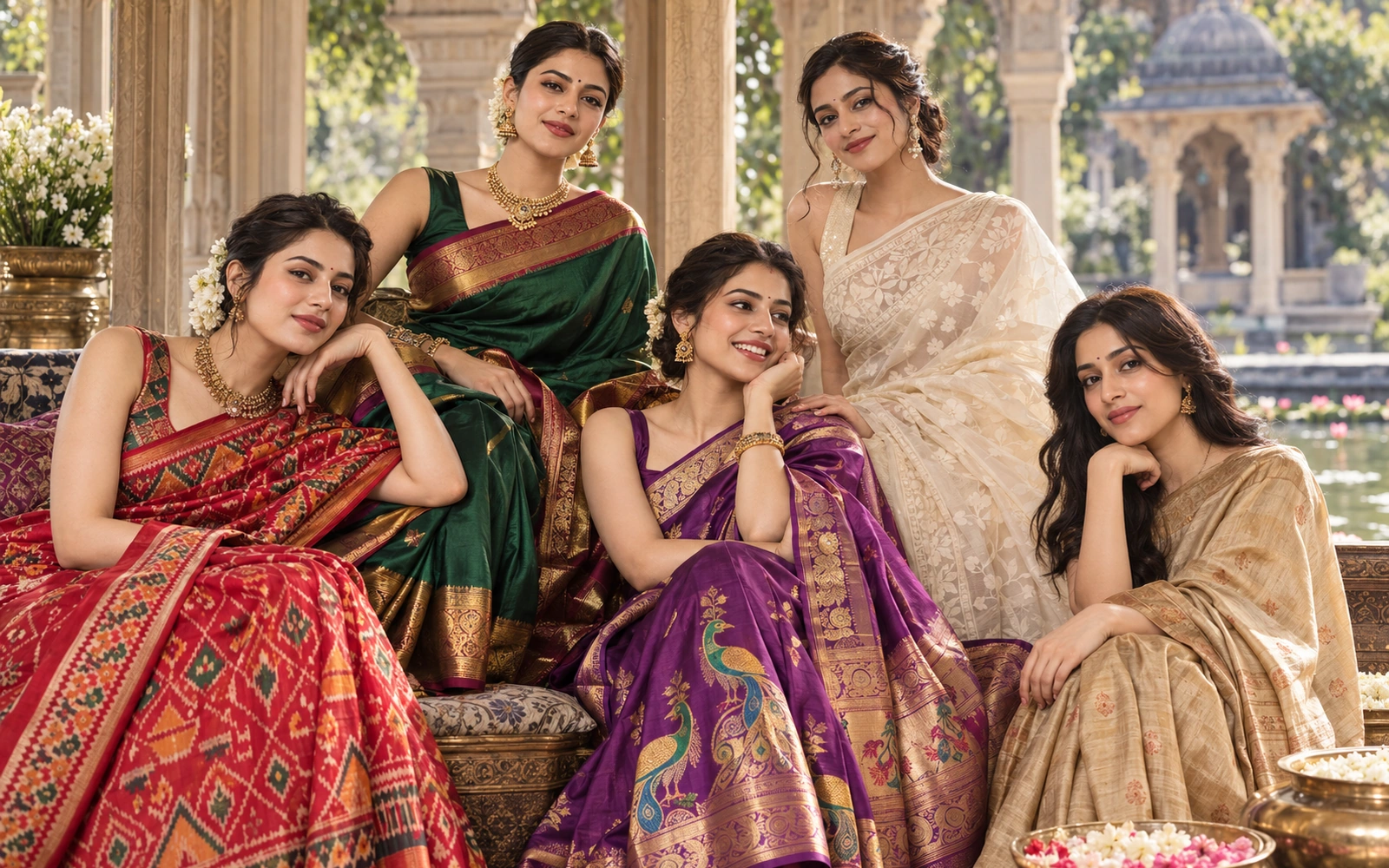 Five women in sarees from different regional traditions — ikat, a contrast-border silk, a peacock pallu and fine woven whites — gathered in a pavilion